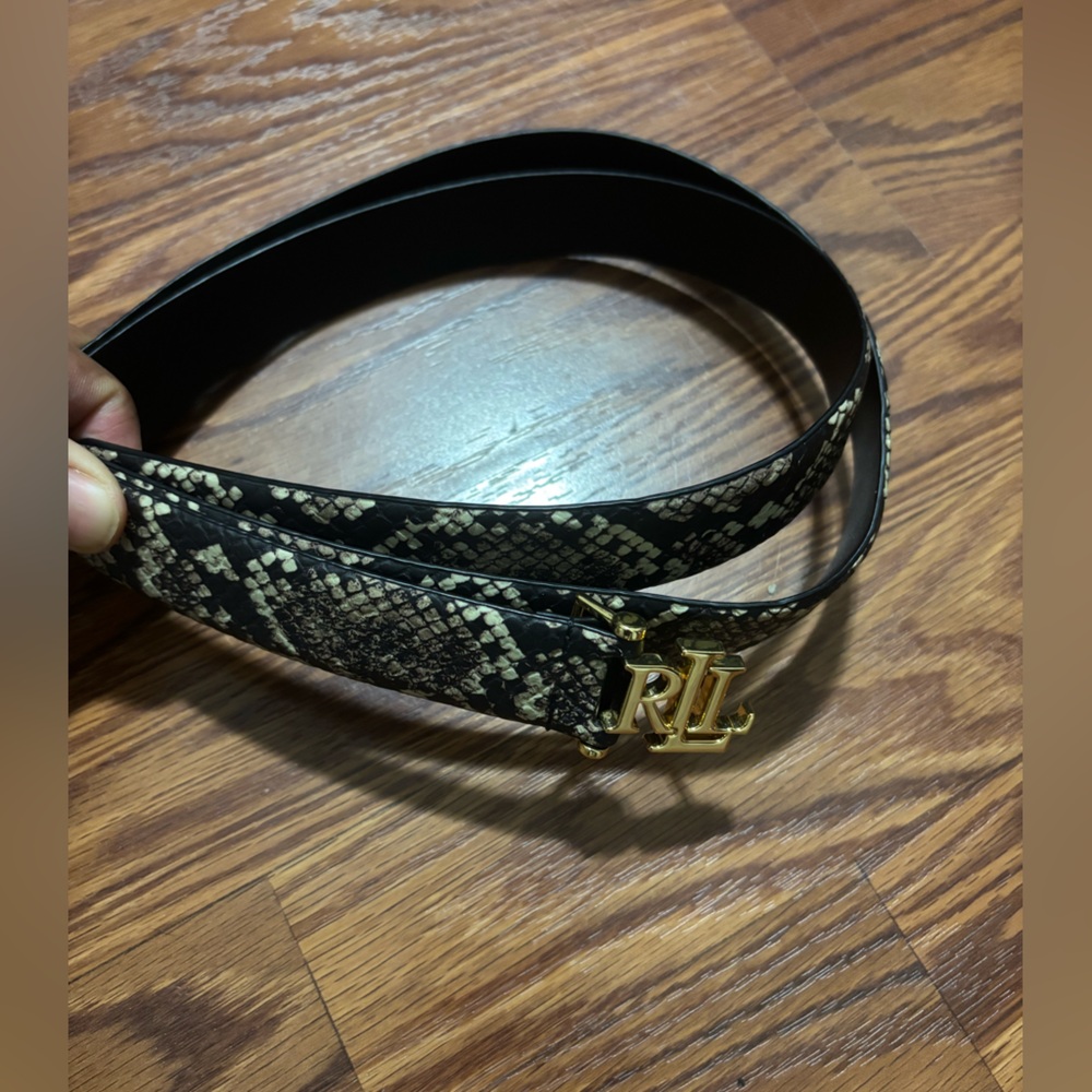 Ralph Lauren Black and Tan Snake Print Belt with Gold RL Buckle